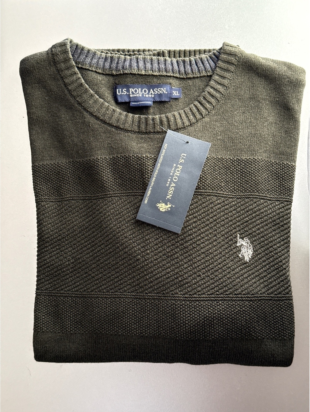 U.S. Polo Assn. Men's XL Olive Green Quality Textured Crewneck, New with Tag